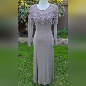 Diamond's Vintage 90s Taupe Long Sleeve Dress with Lace Detail Size Medium